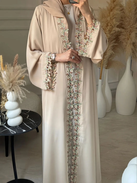 ATLASORA Elegant Dubai Beige Abaya for Muslim Women – Featuring Delicate Multicolored Embroidery for a Timeless Modest Look