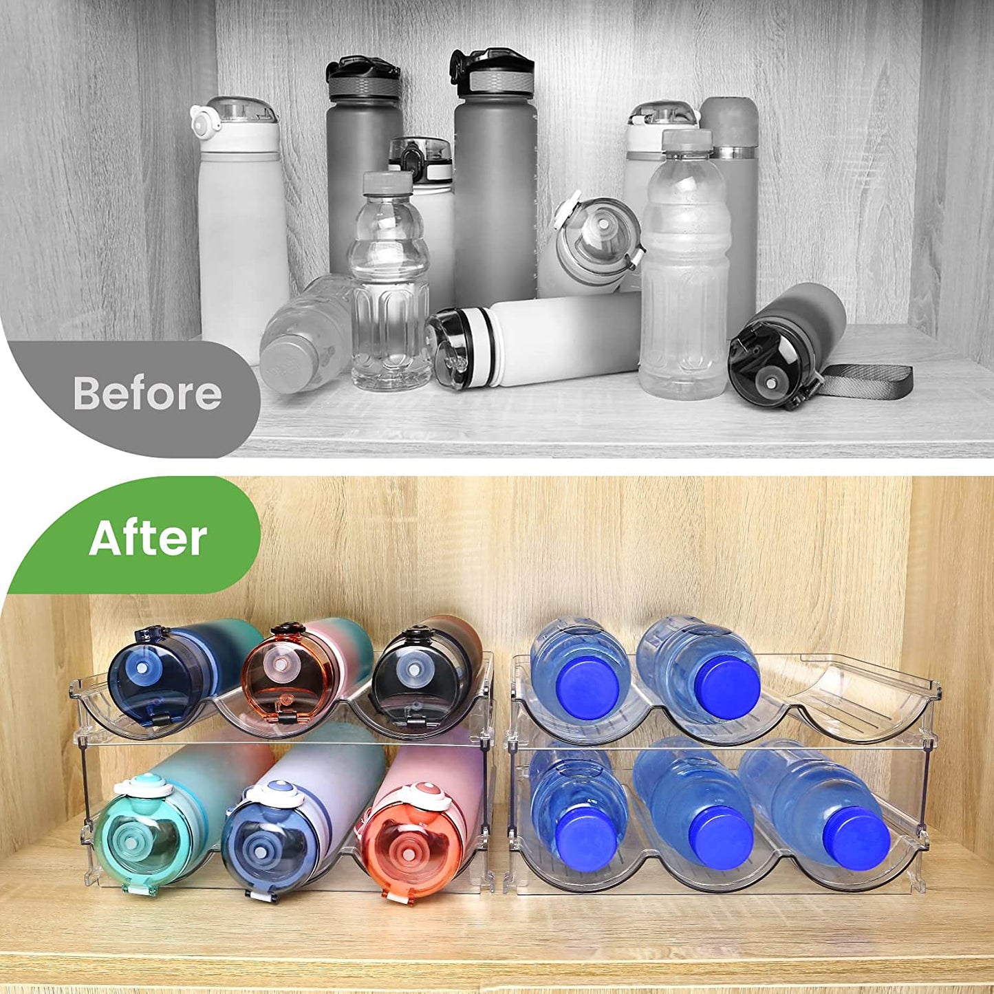 Maximize Your Space & Style – Premium 2-Tier Water Bottle Organizer for a Clutter-Free Life, perfect for kitchens, fridges, or gym areas.