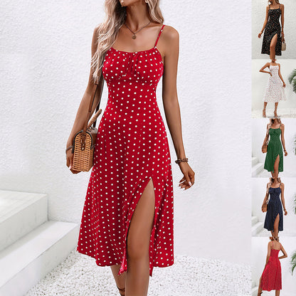 New Polka Dot Print Suspender Dress – 2025 Summer Trend Split Long Dress for Women