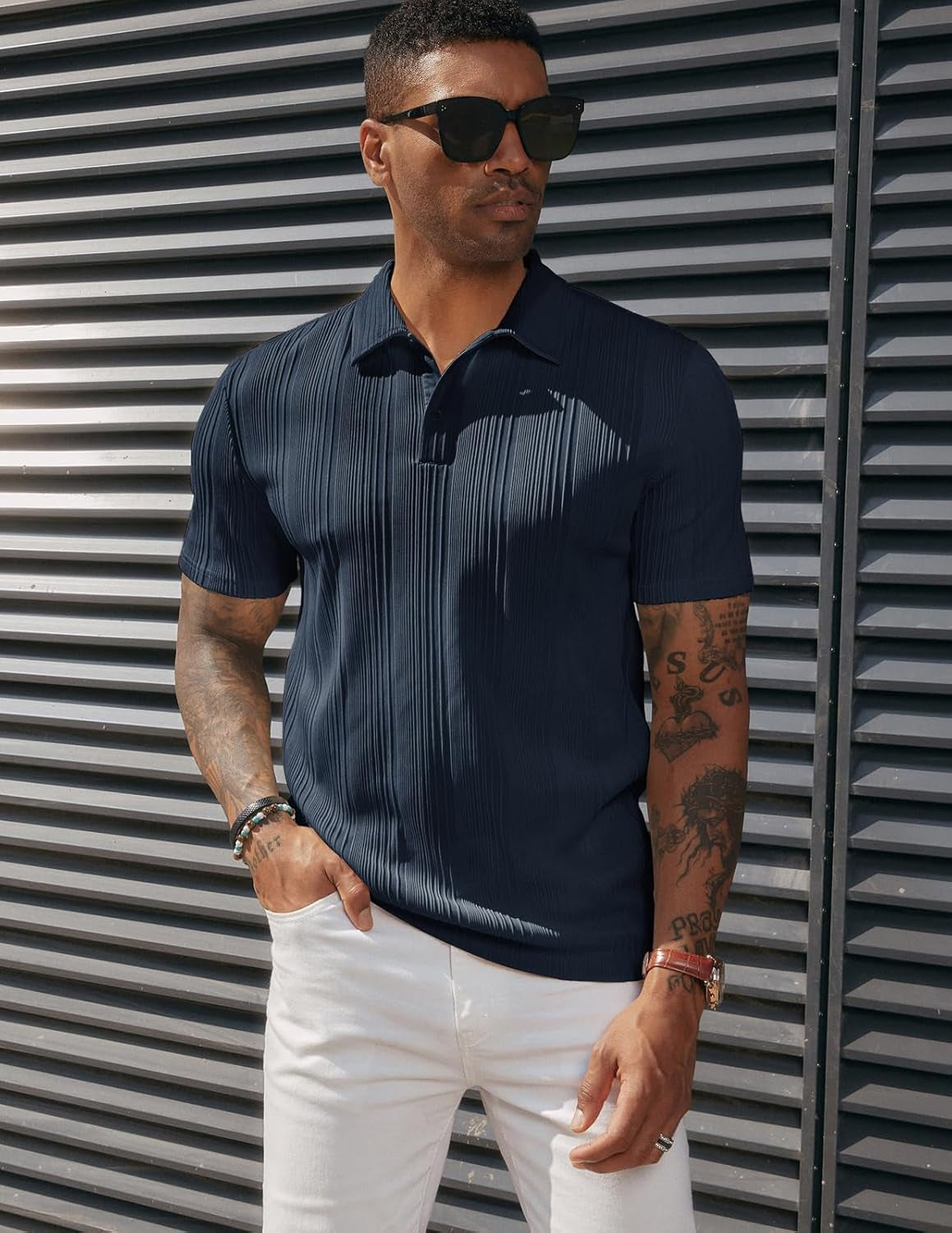 ATLASORA Men's Summer Textured Knit Polo Shirt – Regular Fit, Stretchy & Stylish for Golf or Casual Wear