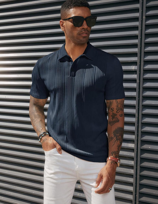 ATLASORA Men's Summer Textured Knit Polo Shirt – Regular Fit, Stretchy & Stylish for Golf or Casual Wear