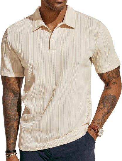 ATLASORA Men's Summer Textured Knit Polo Shirt – Regular Fit, Stretchy & Stylish for Golf or Casual Wear