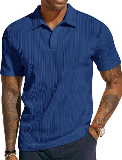 ATLASORA Men's Summer Textured Knit Polo Shirt – Regular Fit, Stretchy & Stylish for Golf or Casual Wear