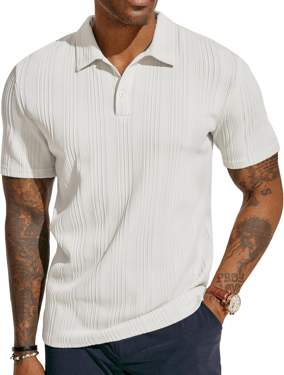 ATLASORA Men's Summer Textured Knit Polo Shirt – Regular Fit, Stretchy & Stylish for Golf or Casual Wear