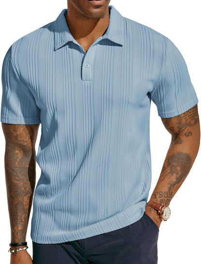 ATLASORA Men's Summer Textured Knit Polo Shirt – Regular Fit, Stretchy & Stylish for Golf or Casual Wear