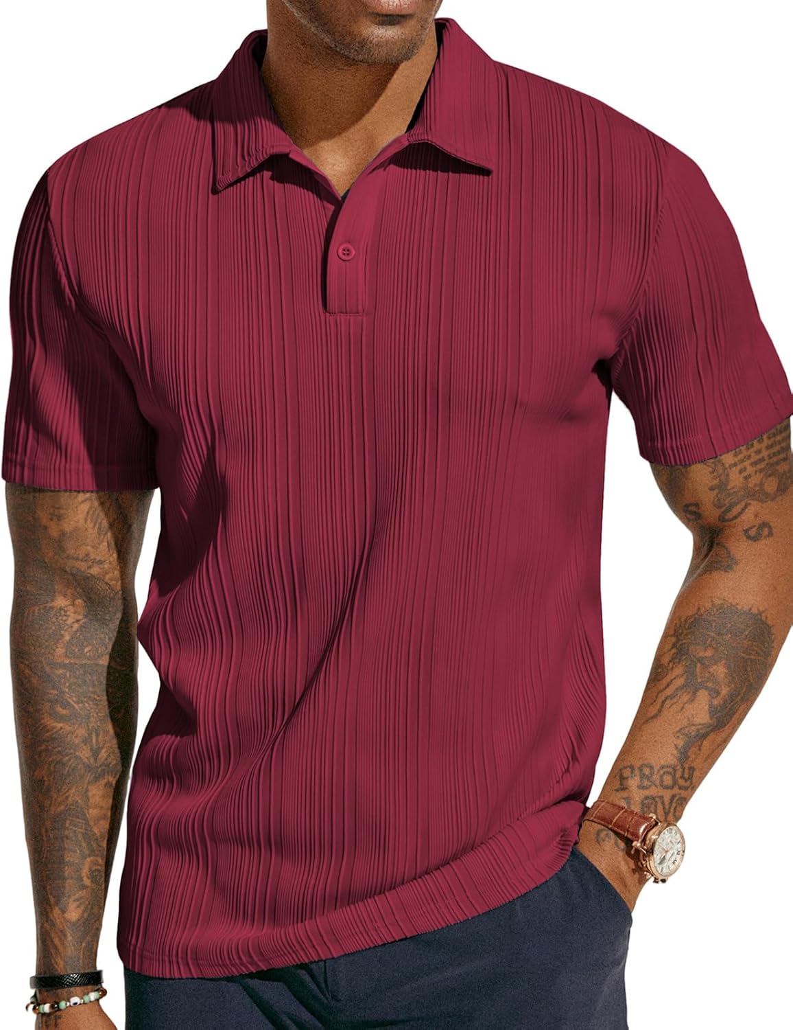 ATLASORA Men's Summer Textured Knit Polo Shirt – Regular Fit, Stretchy & Stylish for Golf or Casual Wear