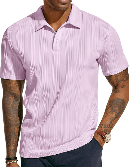 ATLASORA Men's Summer Textured Knit Polo Shirt – Regular Fit, Stretchy & Stylish for Golf or Casual Wear