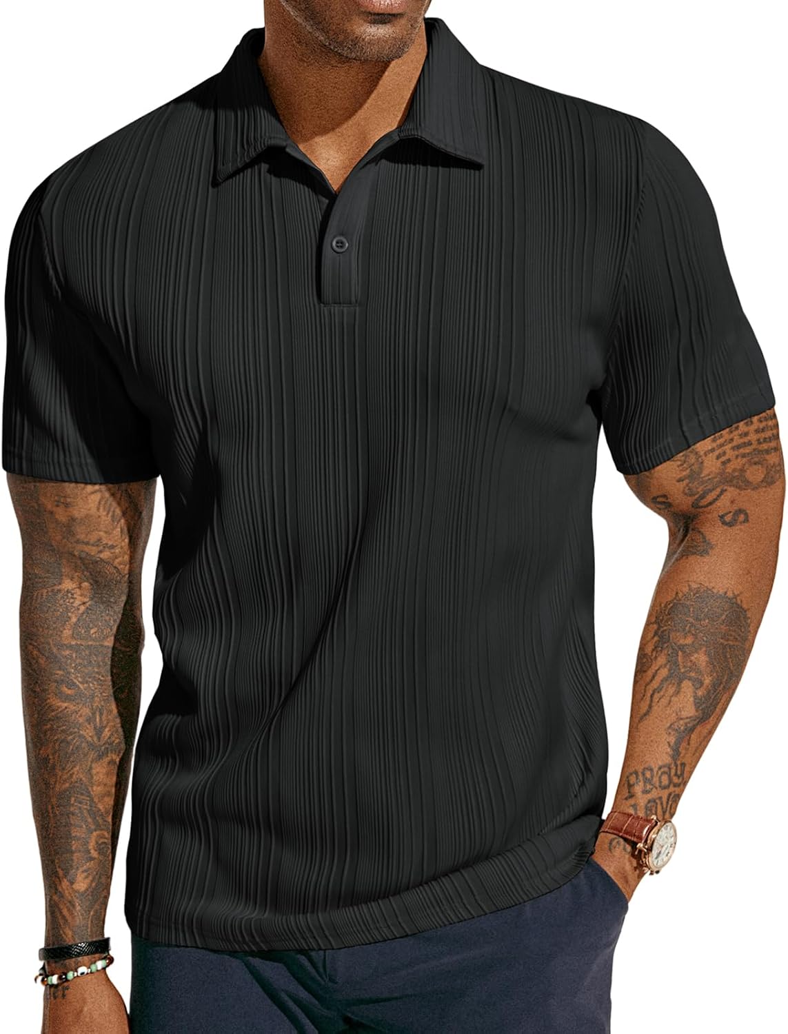 ATLASORA Men's Summer Textured Knit Polo Shirt – Regular Fit, Stretchy & Stylish for Golf or Casual Wear