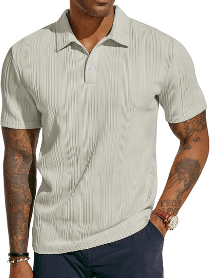 ATLASORA Men's Summer Textured Knit Polo Shirt – Regular Fit, Stretchy & Stylish for Golf or Casual Wear
