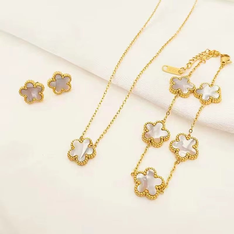 ATLASORA Elegant 3-Piece Stainless Steel Plum Blossom Jewelry Set – Necklace, Bracelet & Earrings