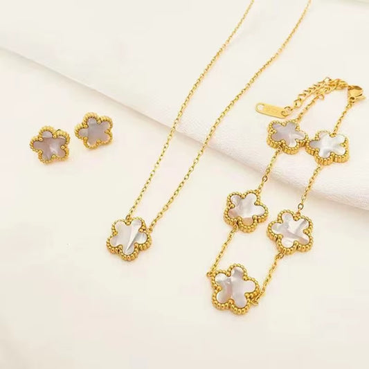 ATLASORA Elegant 3-Piece Stainless Steel Plum Blossom Jewelry Set – Necklace, Bracelet & Earrings