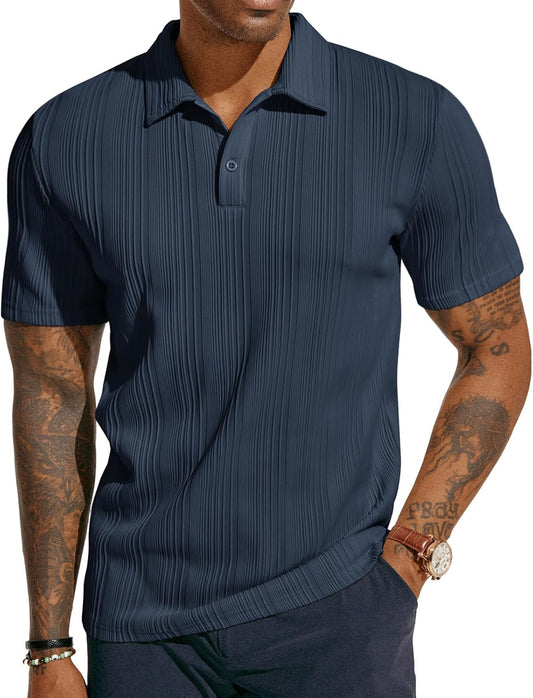 ATLASORA Men's Summer Textured Knit Polo Shirt – Regular Fit, Stretchy & Stylish for Golf or Casual Wear
