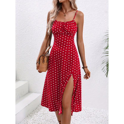 New Polka Dot Print Suspender Dress – 2025 Summer Trend Split Long Dress for Women
