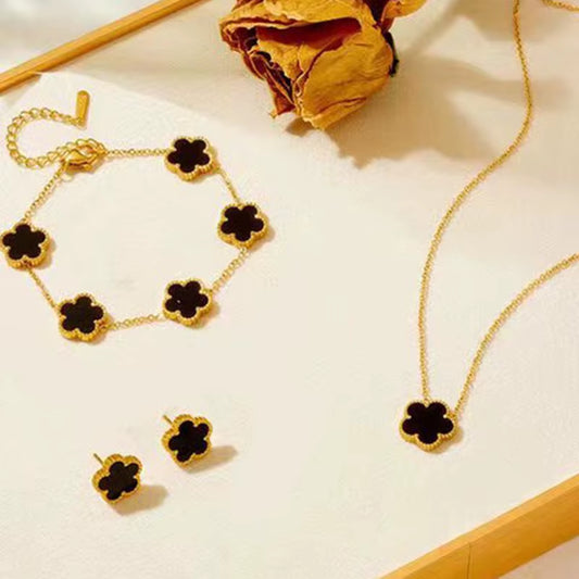 ATLASORA Elegant 3-Piece Stainless Steel Plum Blossom Jewelry Set – Necklace, Bracelet & Earrings