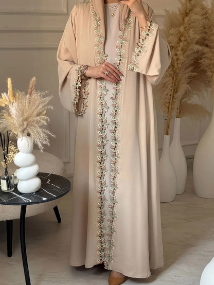 ATLASORA Elegant Dubai Beige Abaya for Muslim Women – Featuring Delicate Multicolored Embroidery for a Timeless Modest Look