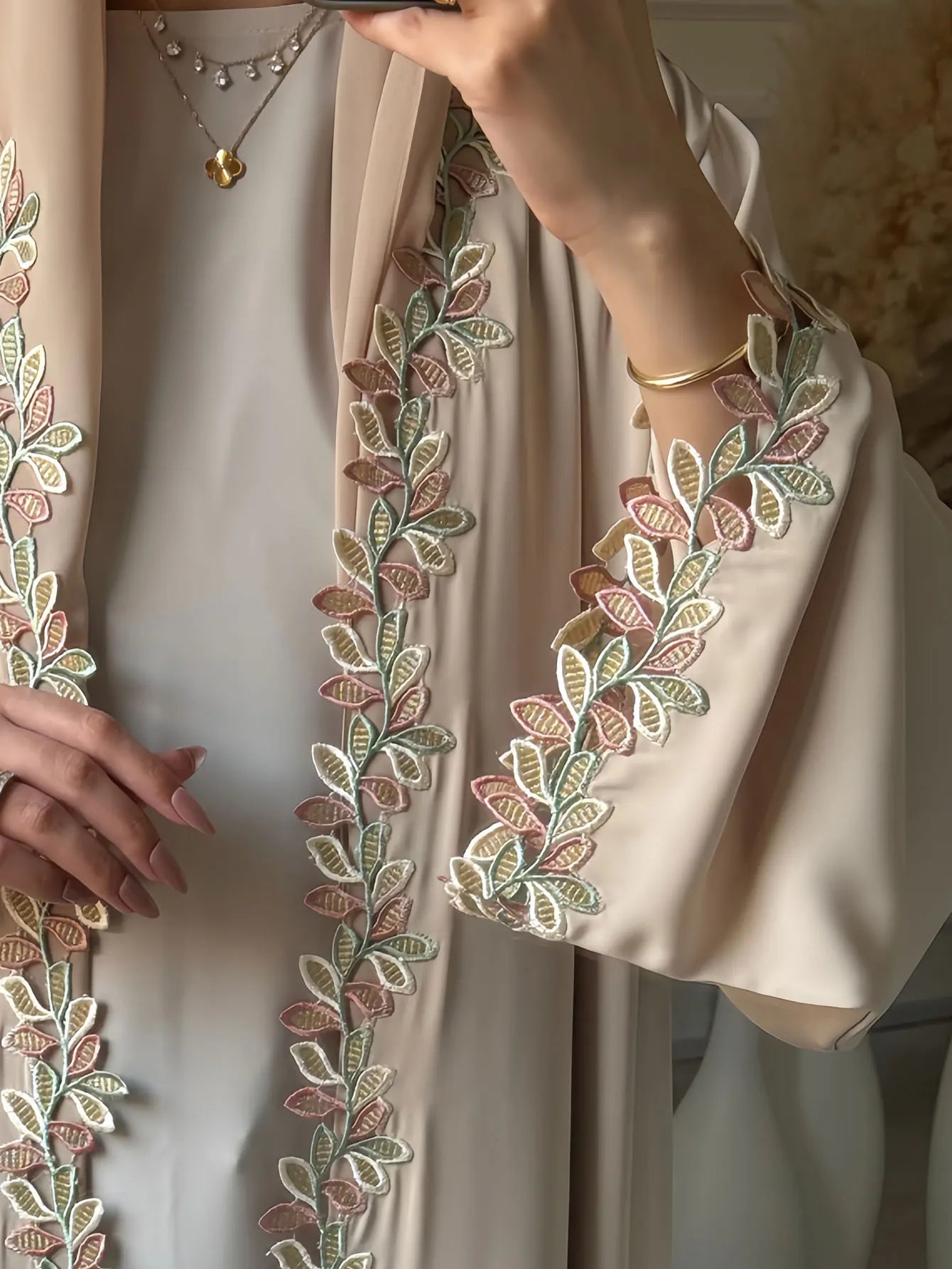 ATLASORA Elegant Dubai Beige Abaya for Muslim Women – Featuring Delicate Multicolored Embroidery for a Timeless Modest Look