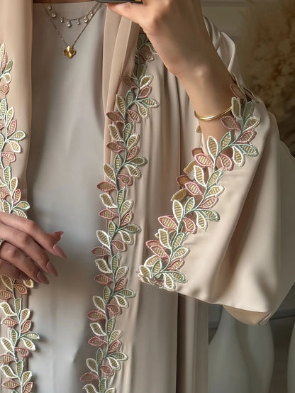 ATLASORA Elegant Dubai Beige Abaya for Muslim Women – Featuring Delicate Multicolored Embroidery for a Timeless Modest Look
