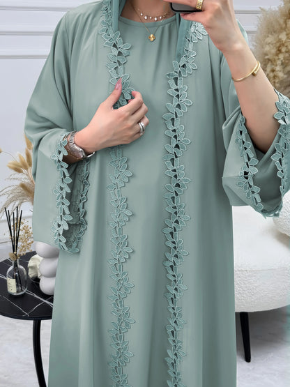 ATLASORA Elegant Dubai Beige Abaya for Muslim Women – Featuring Delicate Multicolored Embroidery for a Timeless Modest Look