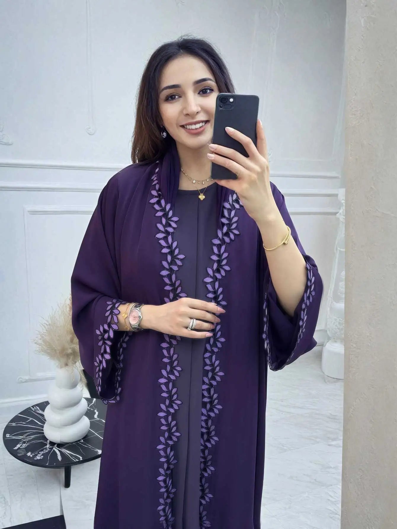 ATLASORA Elegant Dubai Beige Abaya for Muslim Women – Featuring Delicate Multicolored Embroidery for a Timeless Modest Look