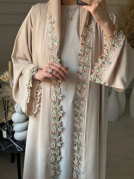 ATLASORA Elegant Dubai Beige Abaya for Muslim Women – Featuring Delicate Multicolored Embroidery for a Timeless Modest Look