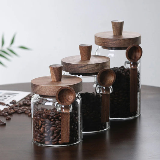 ATLASORA Glass Storage Jar Set with Wooden Lid & Scoop 