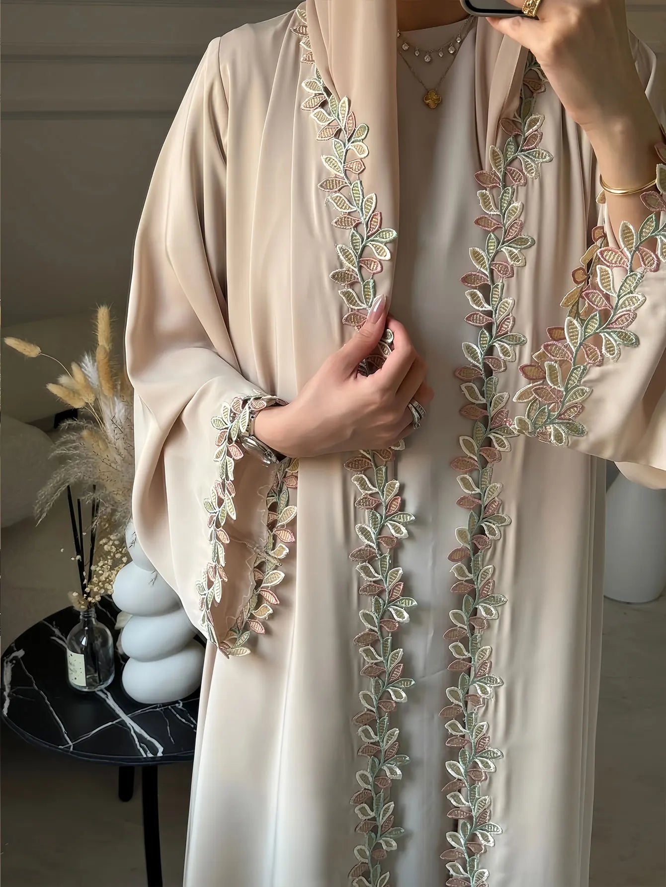 ATLASORA Elegant Dubai Beige Abaya for Muslim Women – Featuring Delicate Multicolored Embroidery for a Timeless Modest Look
