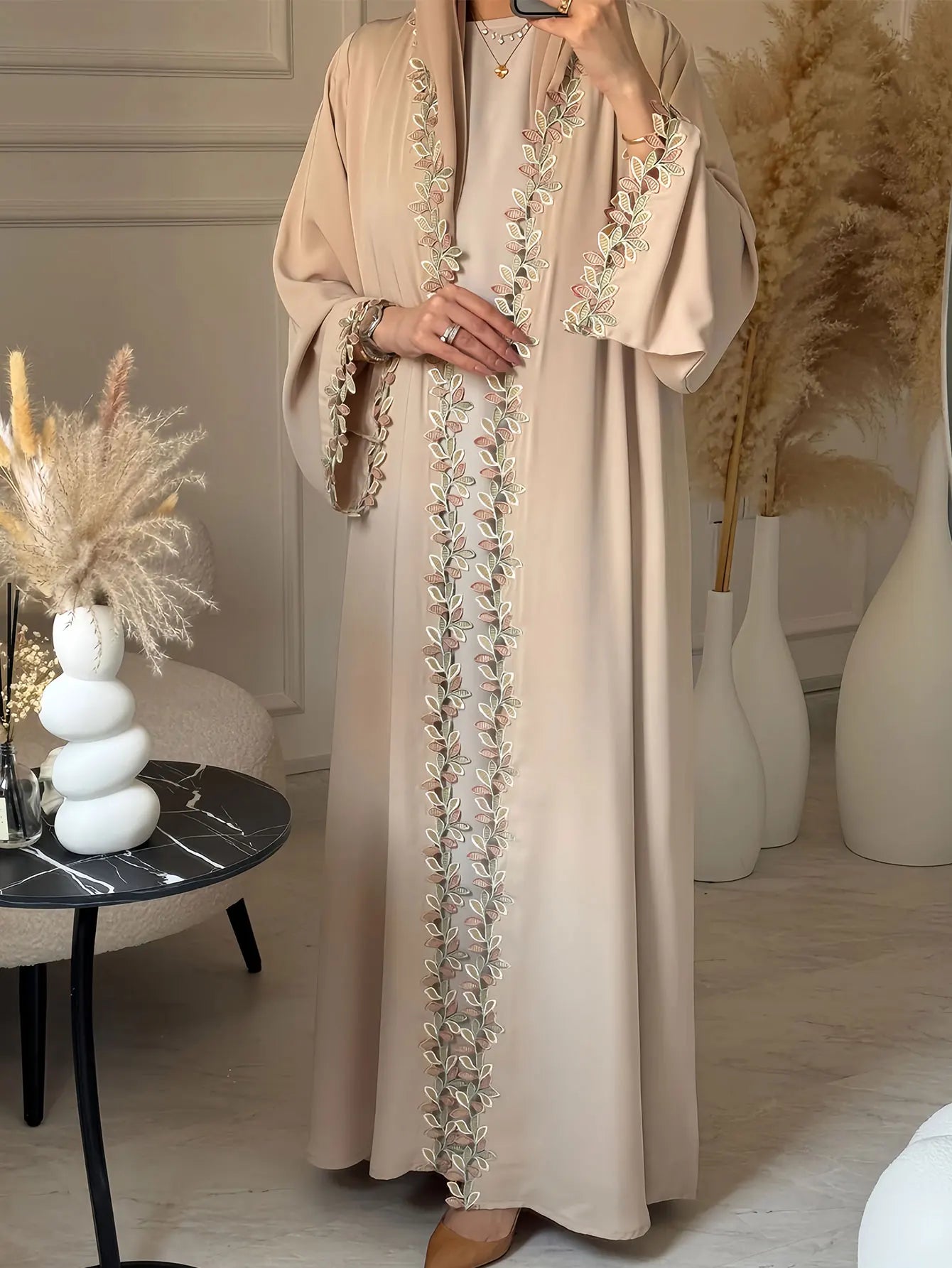 ATLASORA Elegant Dubai Beige Abaya for Muslim Women – Featuring Delicate Multicolored Embroidery for a Timeless Modest Look