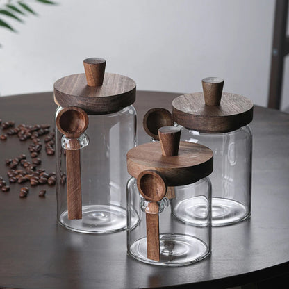 ATLASORA Glass Storage Jar Set with Wooden Lid & Scoop 