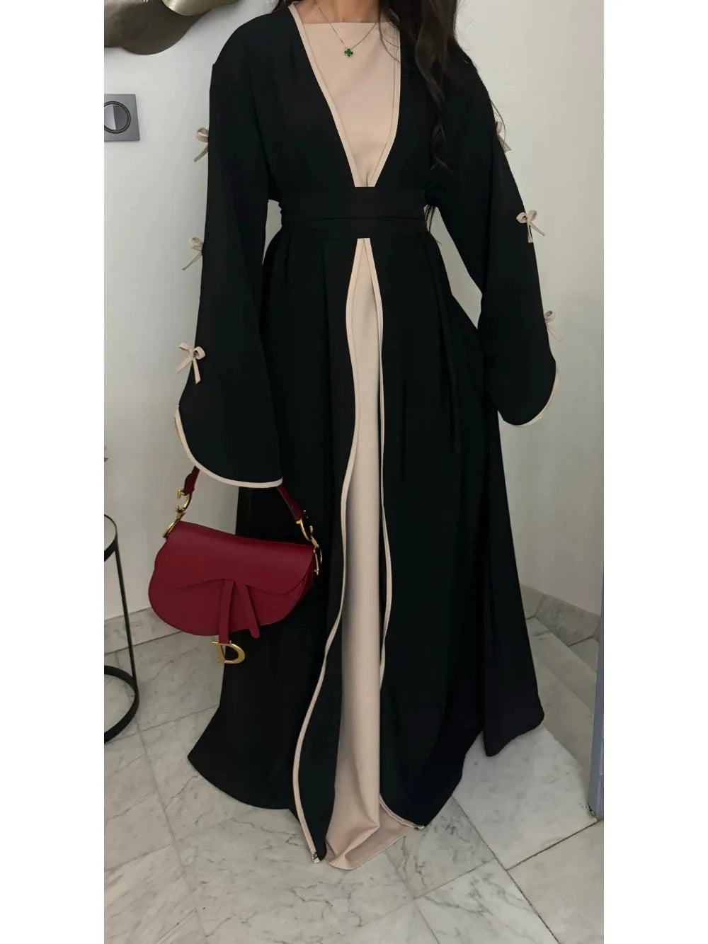 2025 Bow Abaya Dress – Elegant Women’s Cardigan Kaftan | Moroccan Dubai Style Modest Party Wear Jalabiya Robe