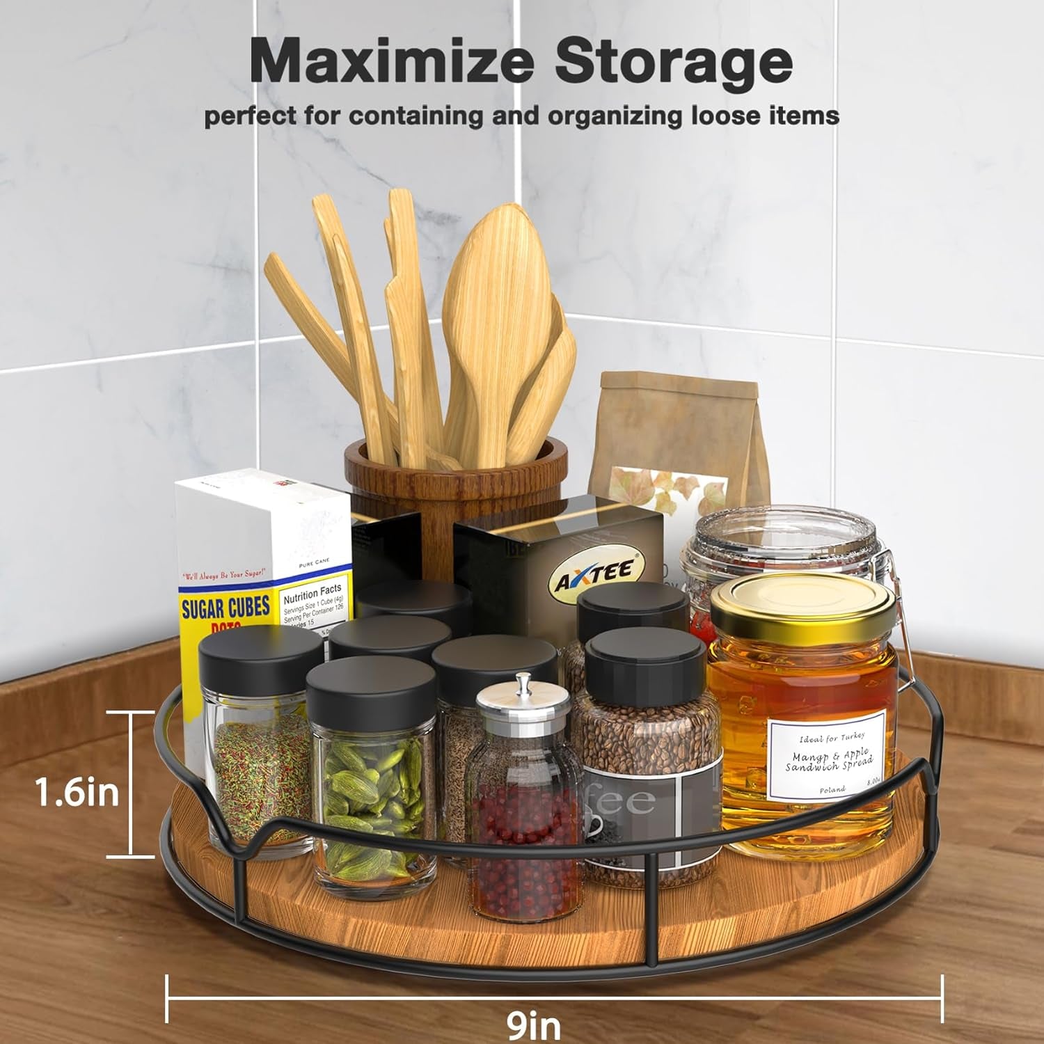 Lazy Lily Turntable Organizer – 9" Carbonized Black Pine Wood Rotating Tray for Pantry, Kitchen Countertop, Fridge, or Cabinet