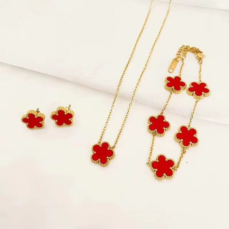 ATLASORA Elegant 3-Piece Stainless Steel Plum Blossom Jewelry Set – Necklace, Bracelet & Earrings
