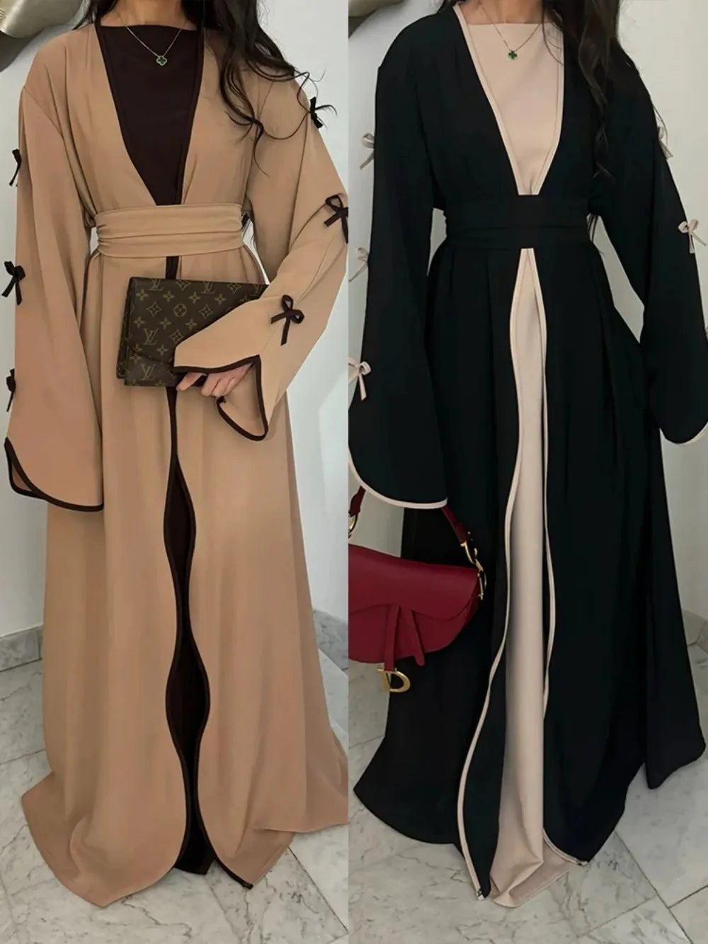 2025 Bow Abaya Dress – Elegant Women’s Cardigan Kaftan | Moroccan Dubai Style Modest Party Wear Jalabiya Robe